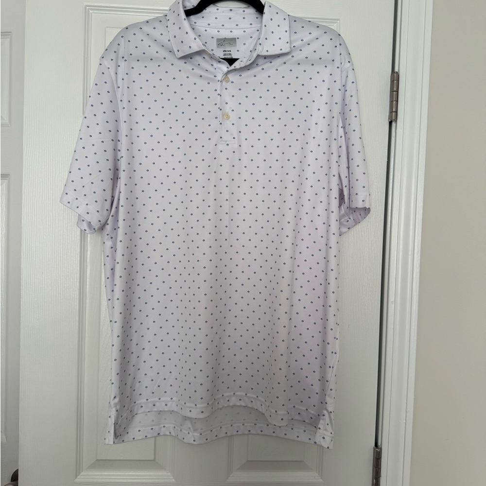 Greg Norman Men's White Polo Shirt with Blue Dots